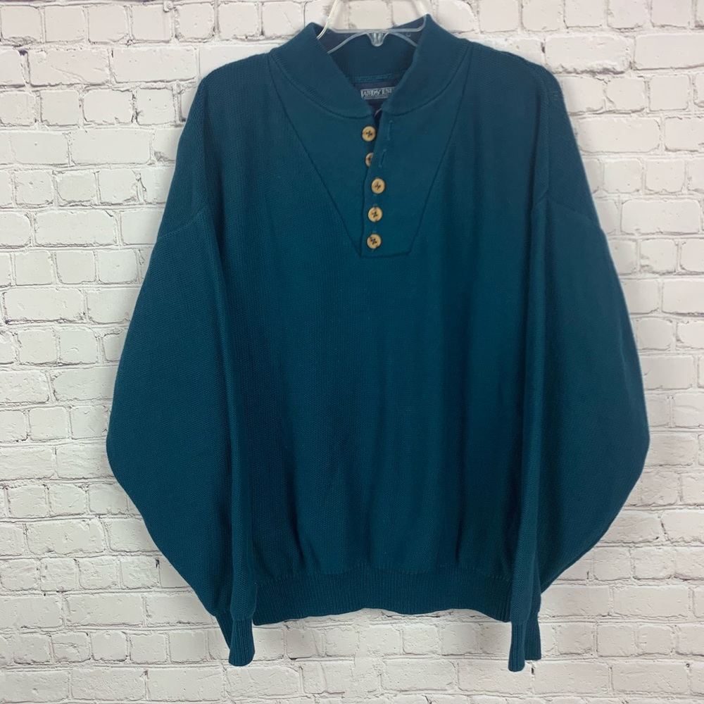 VTG Lands’ End Sweater Teal Blue Wooden Buttons L